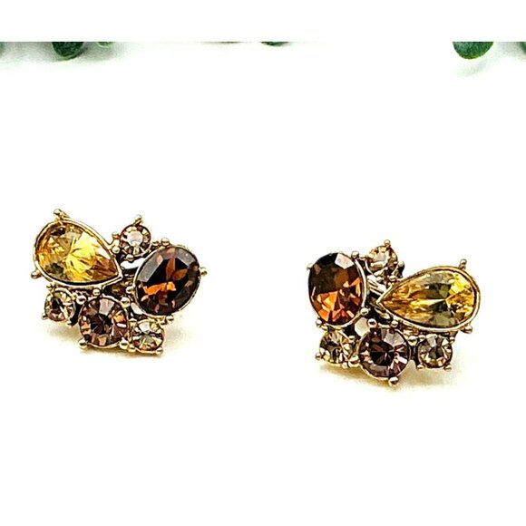 Vintage Gold-Tone Clip-On Earrings With Yellow and Brown Rhinestones by Monet - Picture 1 of 7